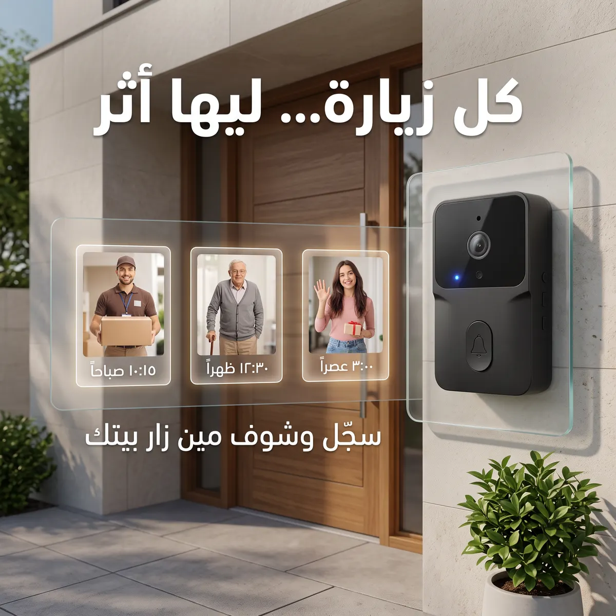 سجل الزيارات يظهر صور زوار الباب مع وقت كل زيارة