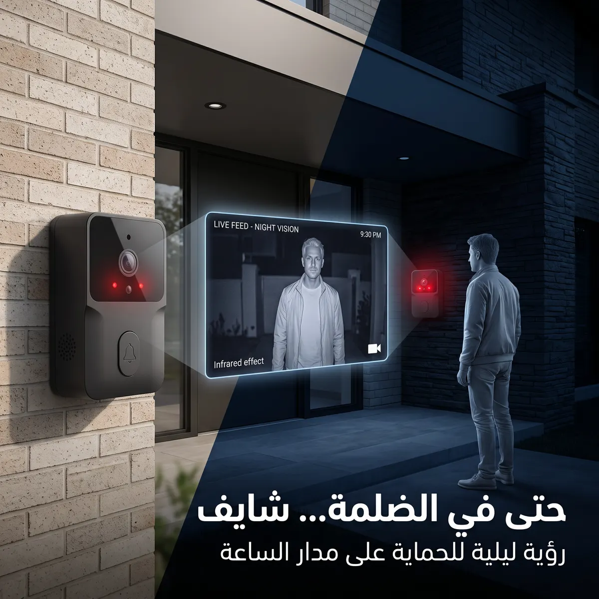 صورة الرؤية الليلية تظهر زائرًا عند الباب في الظلام